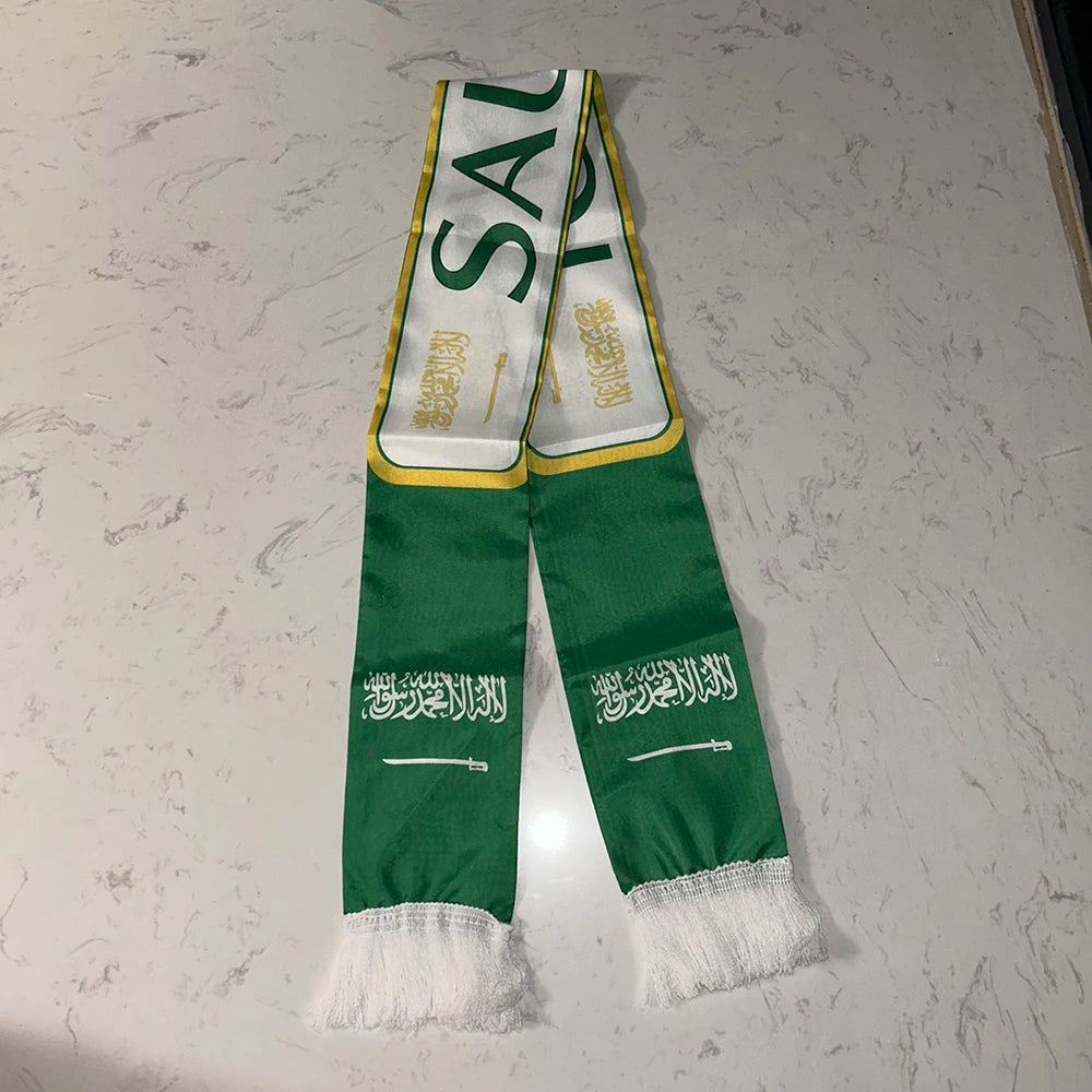 Saudi Arabia Scarf 12x135cm Double Printed Satin Saudi Arabia Flag Scarf Tassels Suitable for 2026 Football cup, Sports, Events