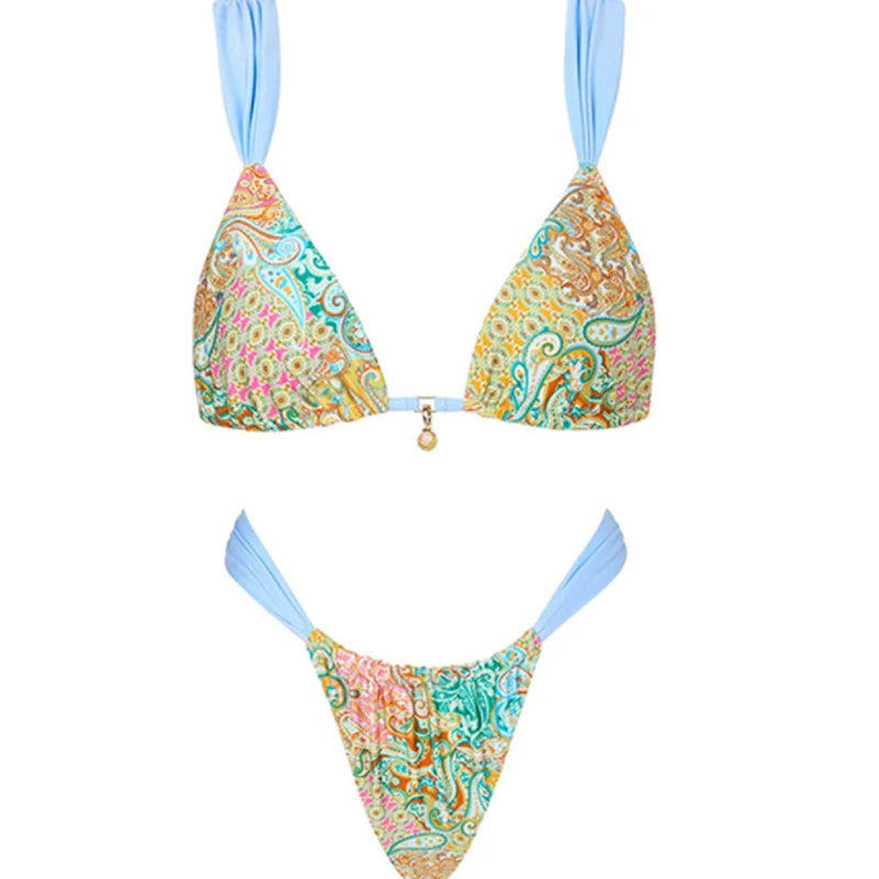 2025 Tropical Plant Lace Up Summer Swimsuit Hot Woman Sleeveless Halter Micro Thong Bikini Set Ladies Beach Swim Bathing Suit