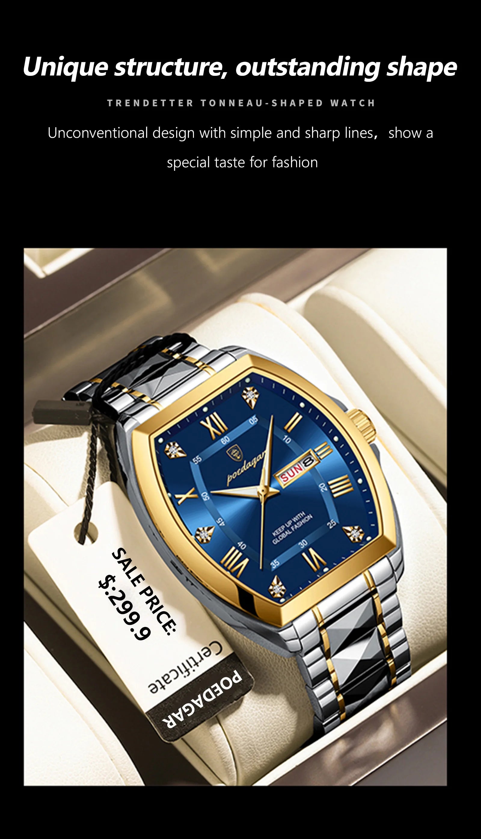 POEDAGAR Luxury Tonneau Men Watch Luminous Waterproof Date Week Man Watch Stainless Steel Fashion Original Men's Quartz Watches