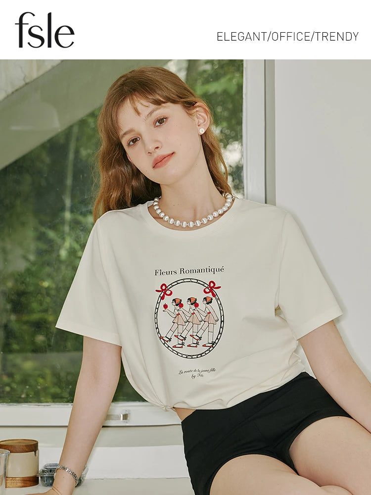 FSLE Summer Versatile Casual Commuting Printed Pattern Women T-Shirt 2024 Summer New Short Sleeve Female Top 24FS12274 24FS12348