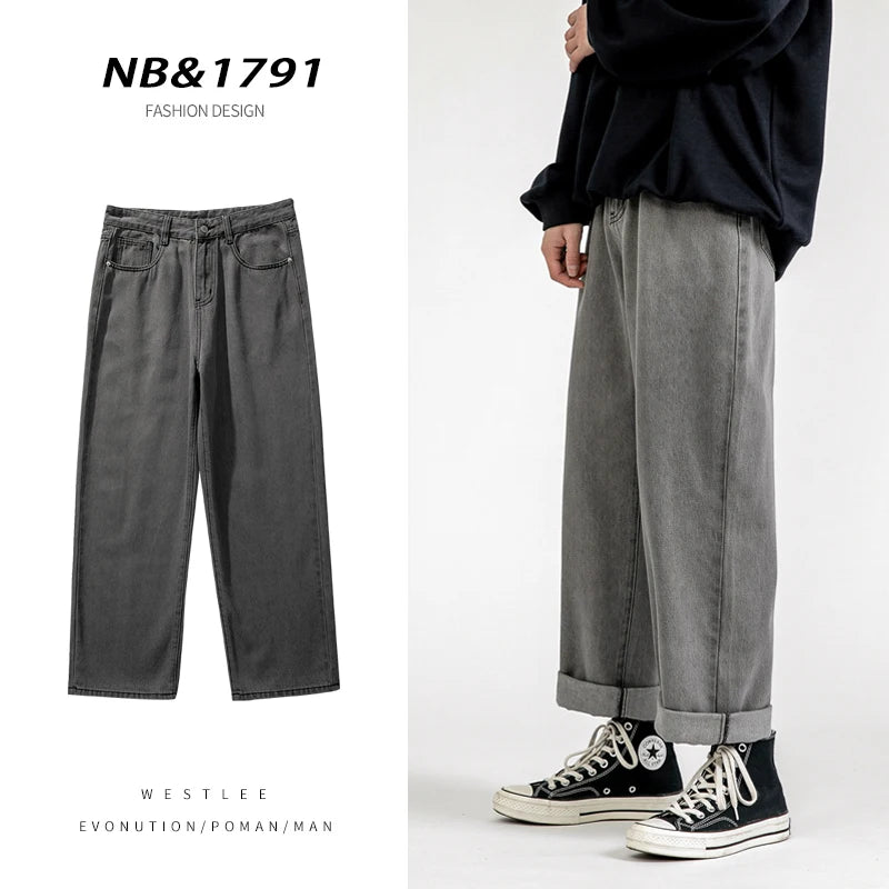 2023 New Korean Fashion Men's Baggy Jeans Classic Unisex Man Straight Denim Wide-leg Pants Hip Hop Bagy Light Blue Grey Black