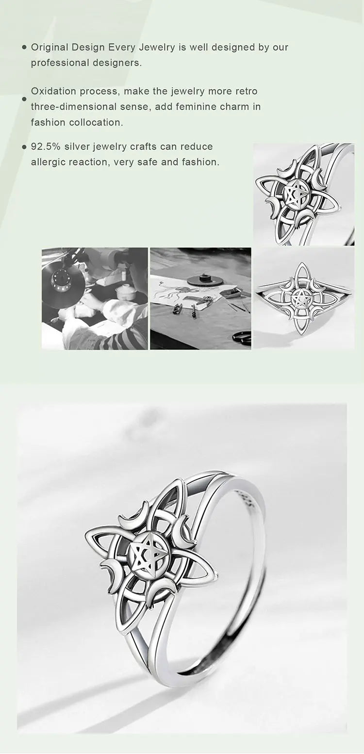 Eudora 925 Sterling Silver Witch Knot Adjustable Ring for Women Man Irish Celtic Knot Witchcraft Amulet Ring Wicca Jewelry Gift