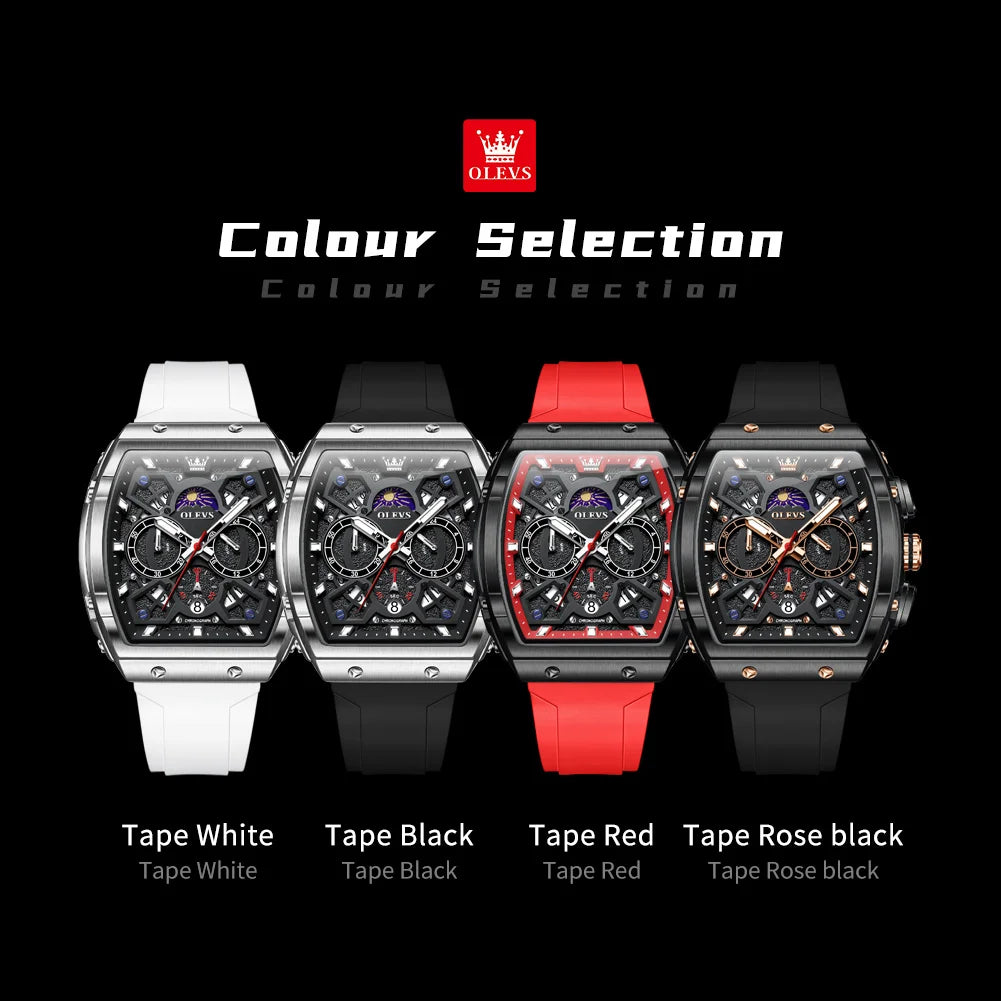 OLEVS 2942 Man Watch Silicone Strap Tonneau Design Dial Multifunction Quartz Watch for Men Moon Phase Calendar Chronograph Watch