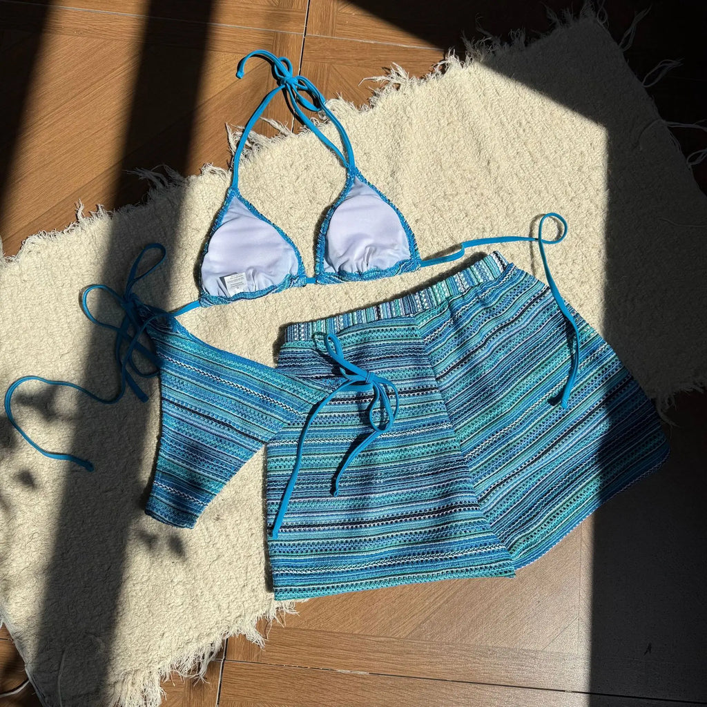 Sexy Crochet Bikini Set 2026 Women Coffee Contrast Striped High Waist Panties 3 Piece Swimsuit Bathing Suit Knitted Swimwear