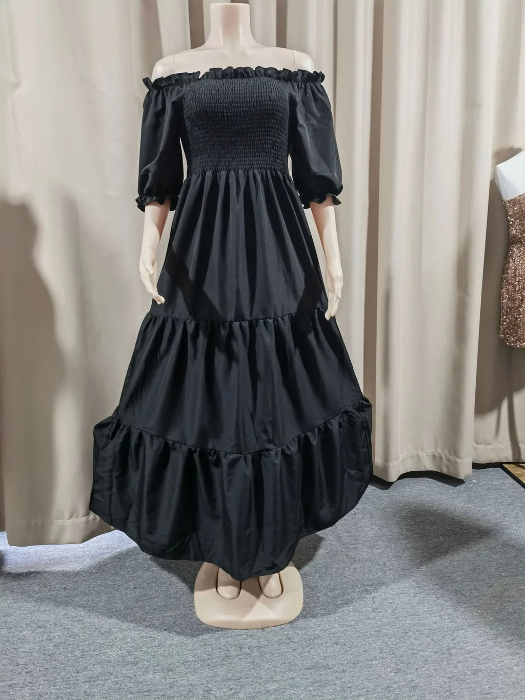 A Line Pleated Blue Princess Long Dresses Women Puff Sleeve High Waist Square Neck Maxi Dress Summer Solid Ruffles Party Dresses