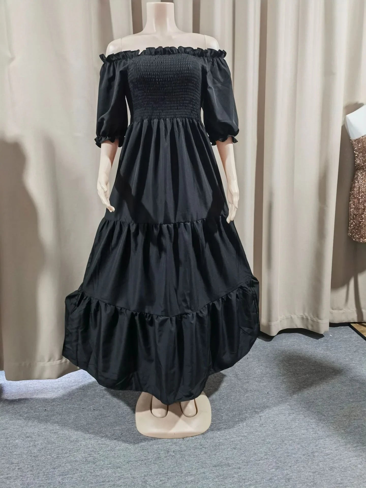 A Line Pleated Blue Princess Long Dresses Women Puff Sleeve High Waist Square Neck Maxi Dress Summer Solid Ruffles Party Dresses