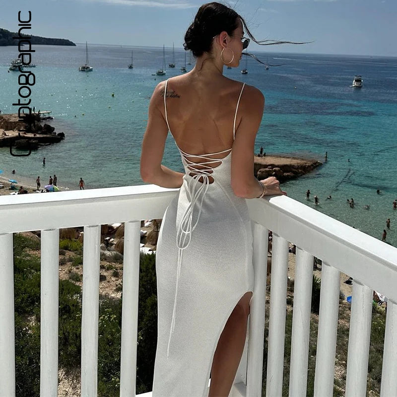 Cryptographic Sexy Backless Bandage Knitted Dress Elegant Outfits for Women Sleeveless Club Party Birthday Slip Dresses Clothes