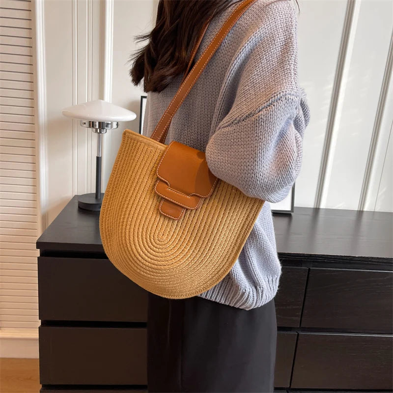 Large Capacity Beach Shopping Bag Luxury Design Woven Shoulder Bag Women Handmade Cotton Thread Woven Handbag Summer Travel Bag