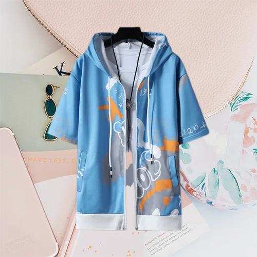 2023 Men's Summer Fashion Cartoon Print Short Sleeve Zipper Sweatshirts Youth Man Y2K Streetwear Casual Pockets Hoodies Jackets