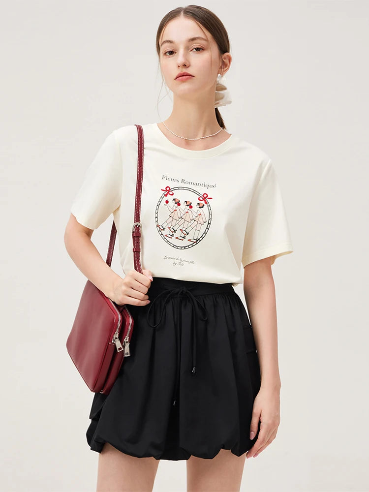 FSLE Summer Versatile Casual Commuting Printed Pattern Women T-Shirt 2024 Summer New Short Sleeve Female Top 24FS12274 24FS12348