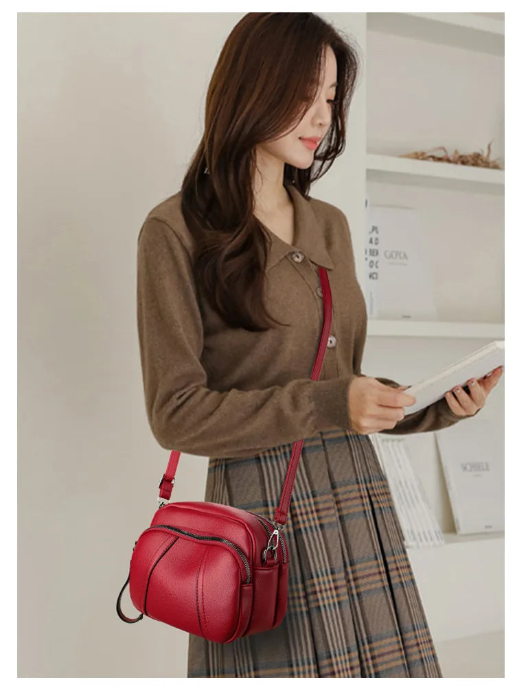 Solid Color Fashionable Rivet Zipper Women's Mobile Phone Bag Simple Soft Leather Shoulder Crossbody Small Square Bag Handbag