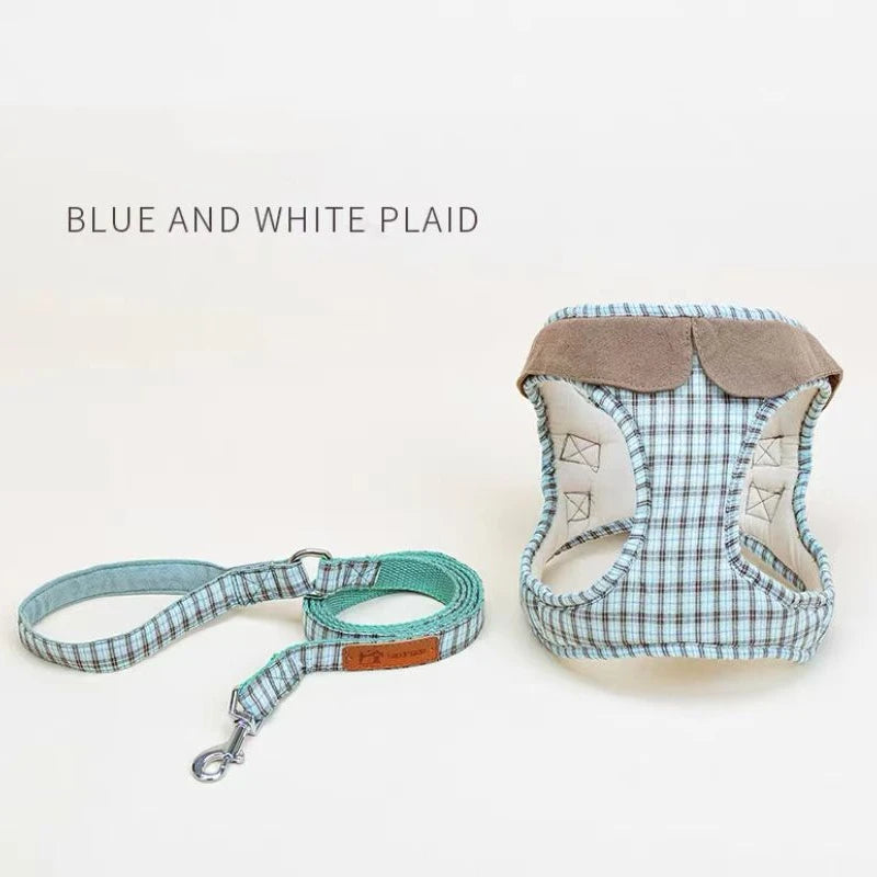 Plaid Pet Dog Harness And Leash Puppy Vest Harness With Cute Collar For Small Dog Walk Training Accessories York French Bulldog