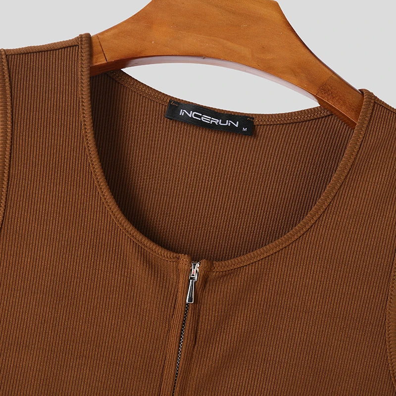 2025 Men Tank Tops Solid Color Knitted Zipper Sleeveless Male Vests Summer Streetwear Skinny Fashion Men Clothing S-3XL INCERUN