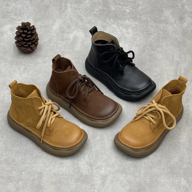 Johnature Retro Genuine Leather Short Boots 2026 Autumn/winter New Wide Toe Lace Up Cowhide Soft Sole Women's Boots