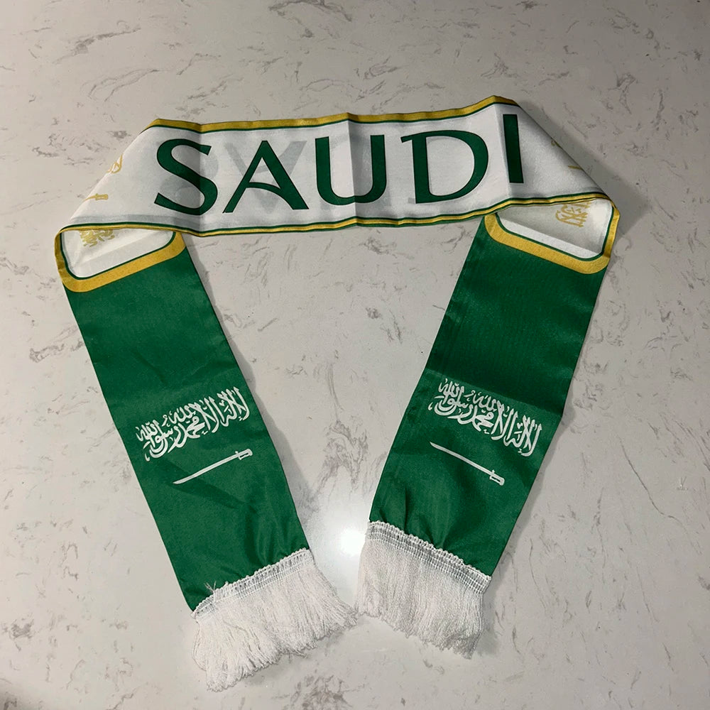 Saudi Arabia Scarf 12x135cm Double Printed Satin Saudi Arabia Flag Scarf Tassels Suitable for 2026 Football cup, Sports, Events