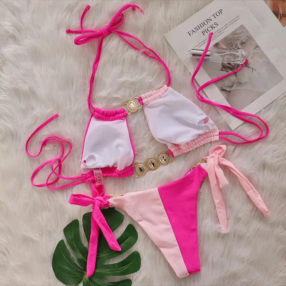 2026 Splicing Halter Diamond Bikini Women Swimsuit Female Swimwear Two Pieces Bikini Set Hollow Out Bathing Suit Swim Beach Wear