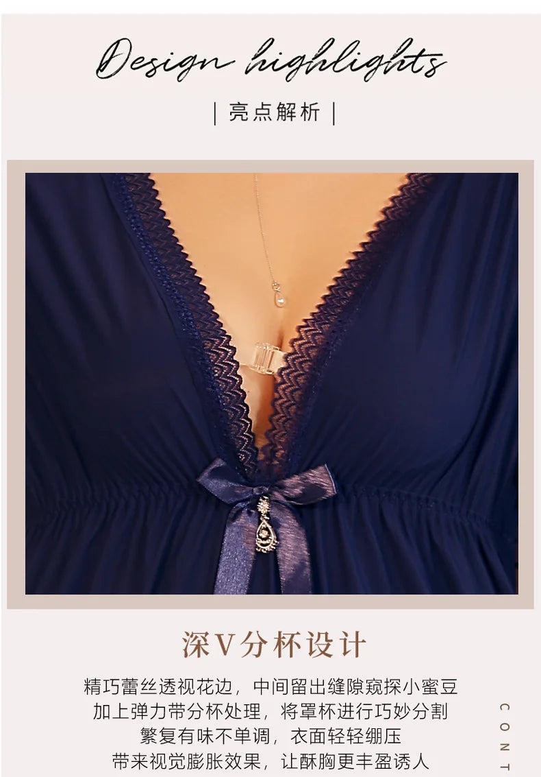 Fdfklak M-3XL Women’s Nightgowns Sexy Lace Deep V Neck Sleepshirt Mesh Short Sleeve Summer Nightdress Female Nightwear Dress
