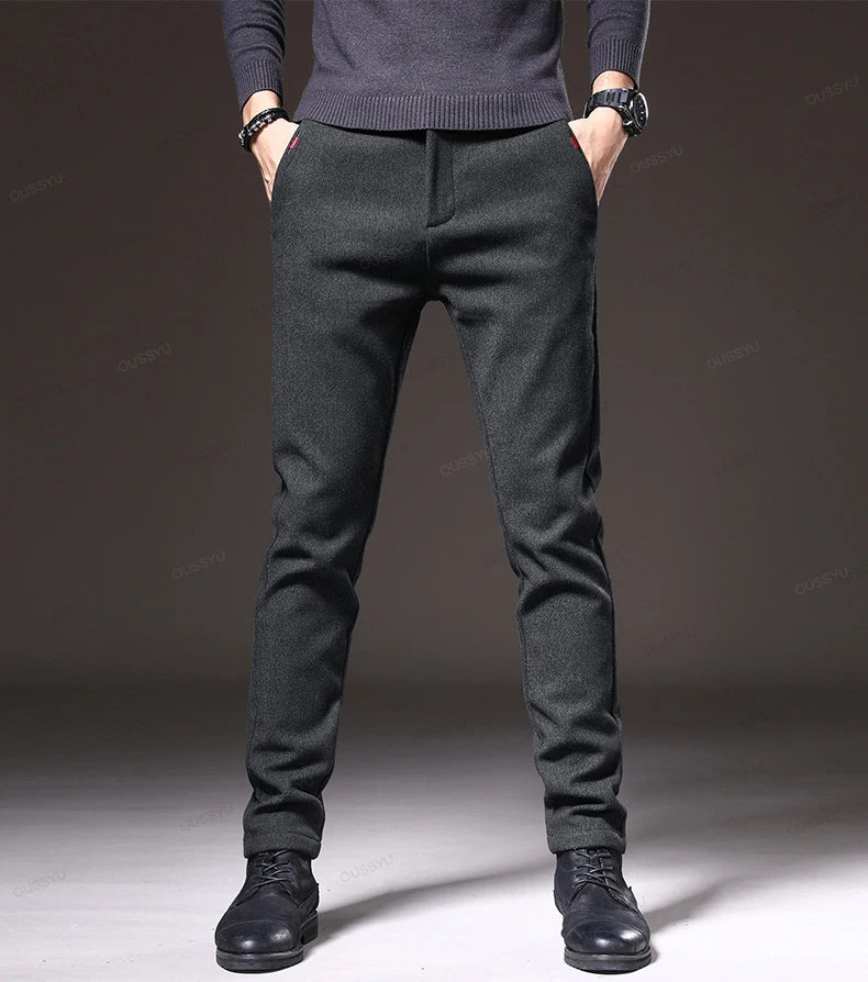 Winter Fleece Warm Men's Brushed Fabric Casual Pants Outdoors Business Thick Velvet Cotton Flocking PlushTrousers Male 28-38
