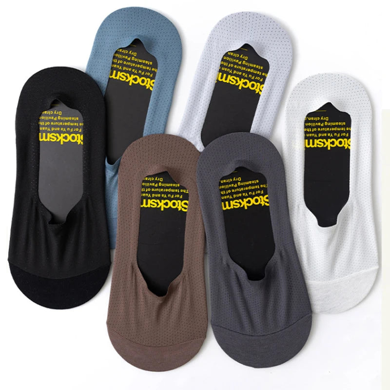 1/5pairs Men's Socks Summer Ultra-thin Invisible Elastic Silicone Non-slip Boat Sock Mesh Breathable Comfortable No Show Sokken