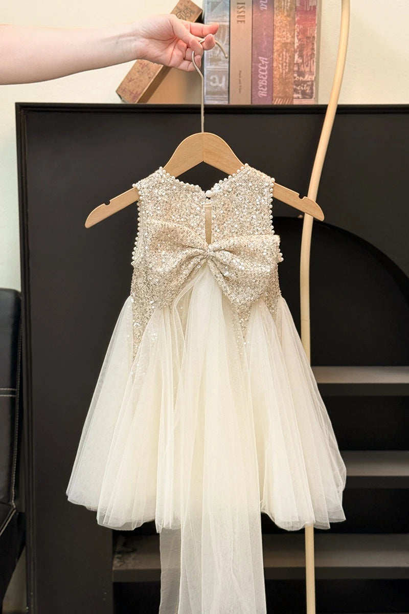 Girls Elegant Sequined Horn Skirt New Kid Party Dresses Baby Fashion Mesh Round Collar Sleeveless Skirt Western-style Vest Dress
