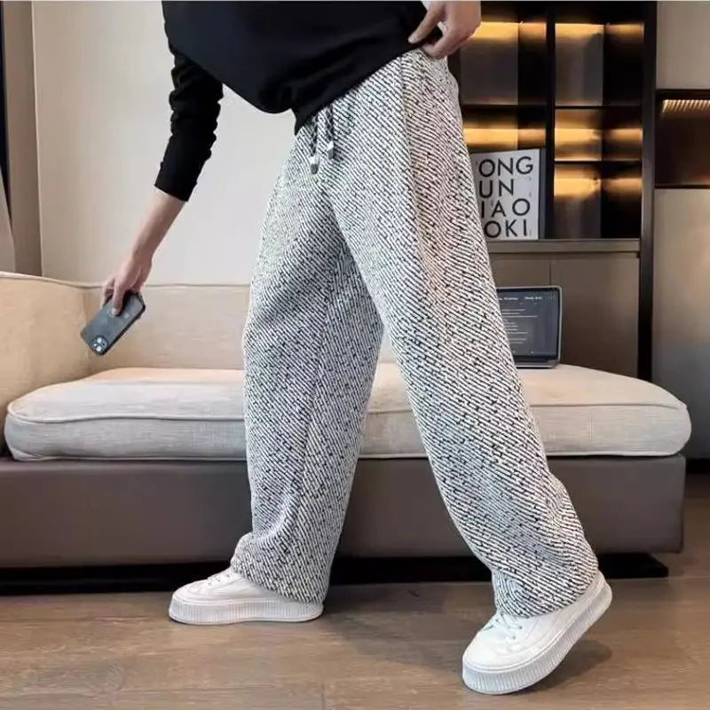 Autumn Winter Loose Men's Sherpa Fabric Straight Pants Man Fashion Thick Pockets Trousers Solid Color Male Clothes
