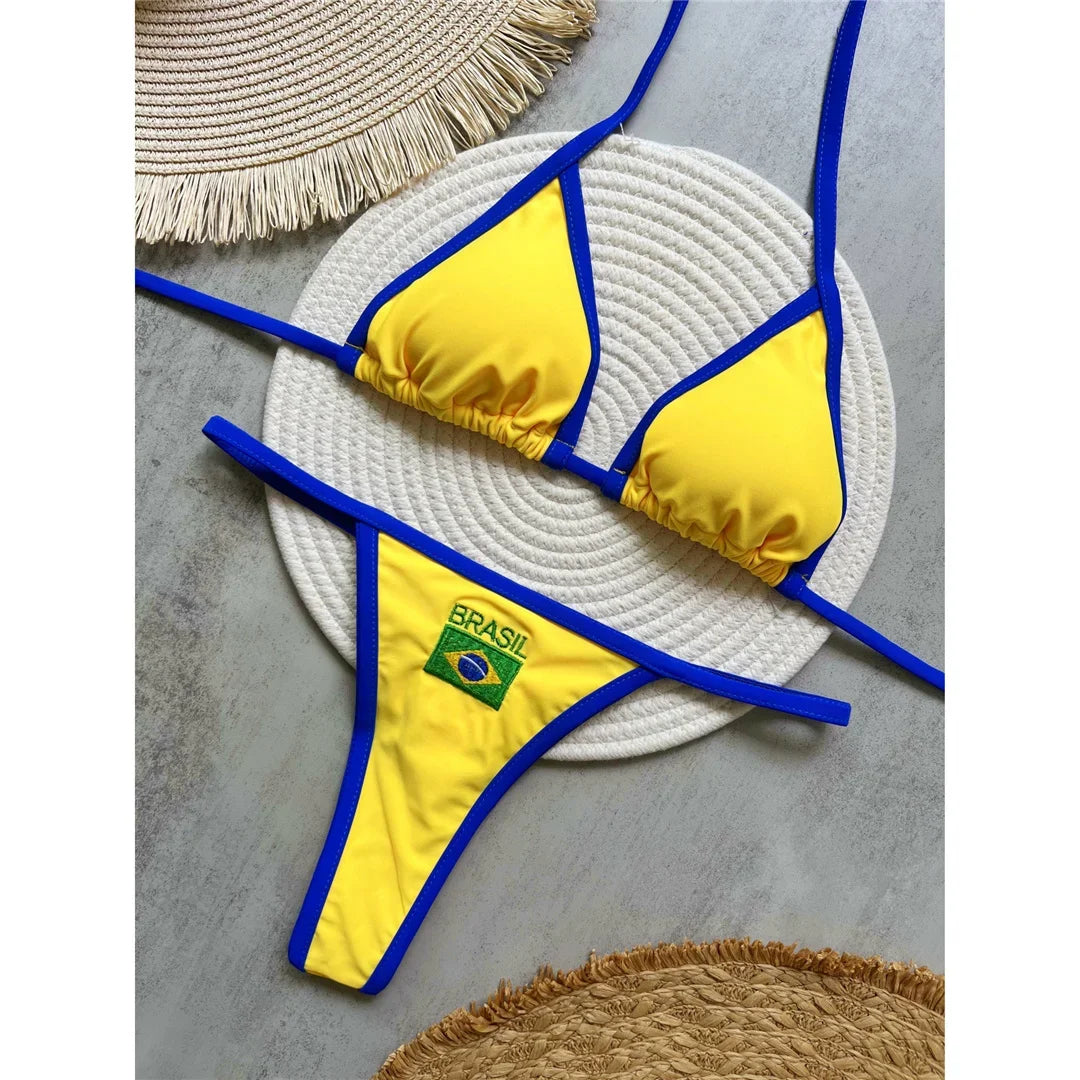 Women's Brazilian Flag Bikini Set - Two-Piece G-String Thong Swimwear, Sexy Female Bather Swimsuit for Beach Vacation, Pool Part