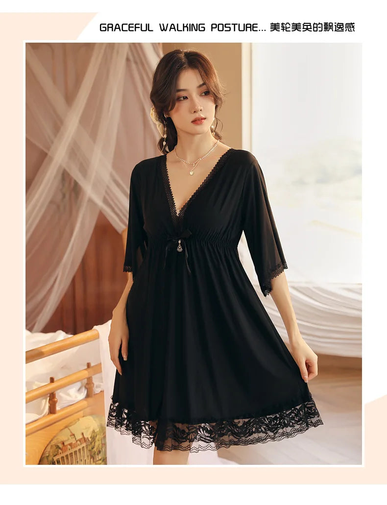 Fdfklak M-3XL Women’s Nightgowns Sexy Lace Deep V Neck Sleepshirt Mesh Short Sleeve Summer Nightdress Female Nightwear Dress