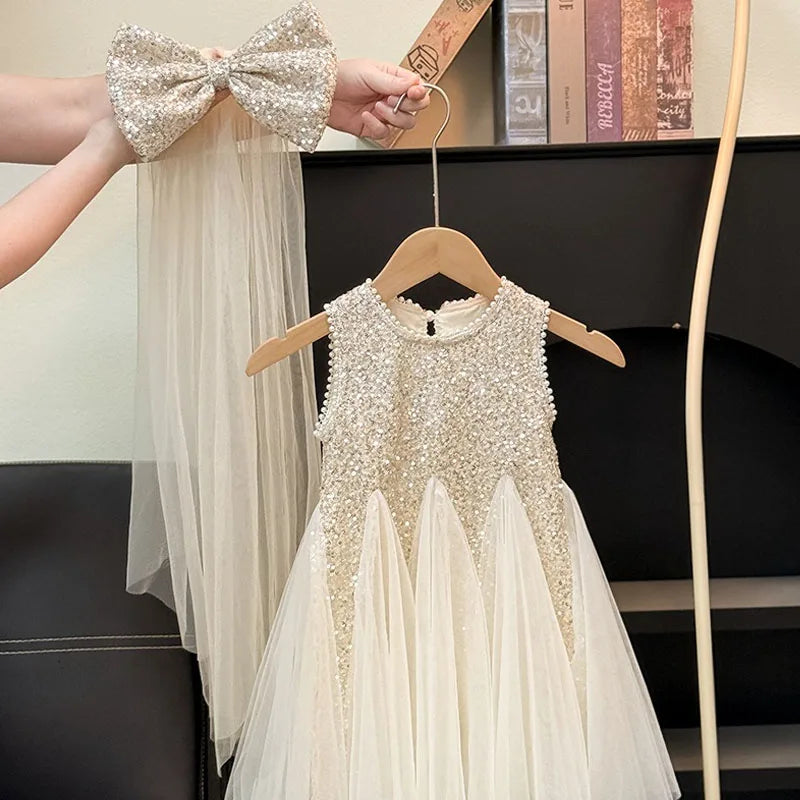 Girls Elegant Sequined Horn Skirt New Kid Party Dresses Baby Fashion Mesh Round Collar Sleeveless Skirt Western-style Vest Dress