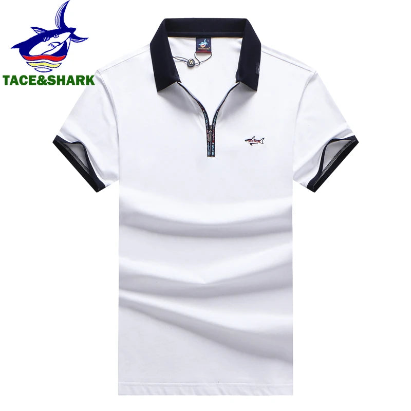 TACE&SHARK Solid Color Embroidery Polo Shirt Summer Fashion Men Business Shark Polos Tops Mens Casual Dark Blue White Clothing