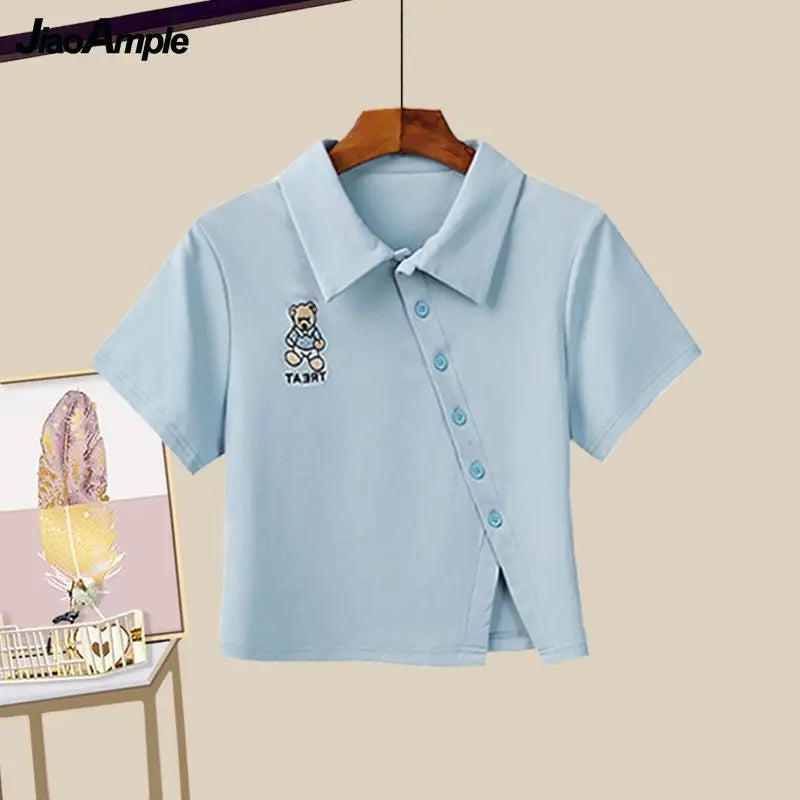 2025 Korean Elegant Summer New In Matching Set Women Fashion Short Sleeved T-shirt+Strap Dress Two Piece Female Chic Skirt Suit