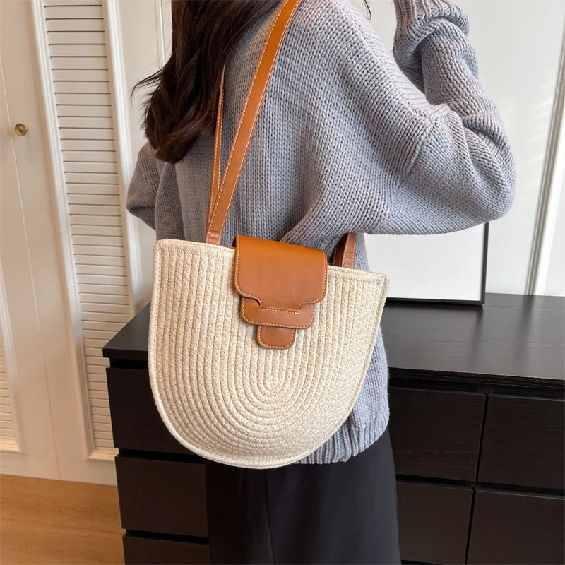 Large Capacity Beach Shopping Bag Luxury Design Woven Shoulder Bag Women Handmade Cotton Thread Woven Handbag Summer Travel Bag