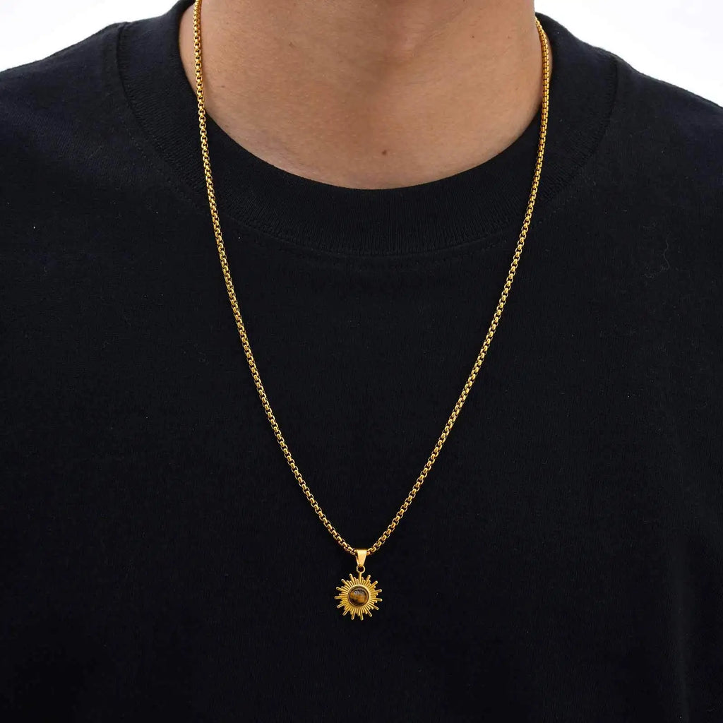 Trendy Sunflower Necklace for Men Boys,Stainless Steel Natural Stone Pendant,Jewelry Gift for Husband Dad Son BBF