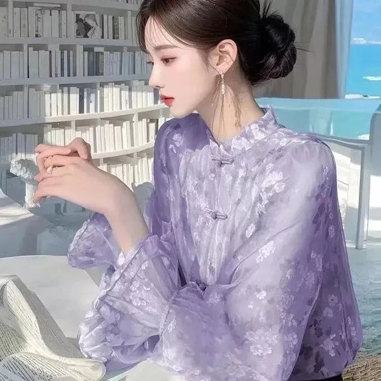 Ele Floral Long Sve Chiffon irt Women's Spring Summer New Sle Super Fairy Unique Anti-Aging Faionable Top