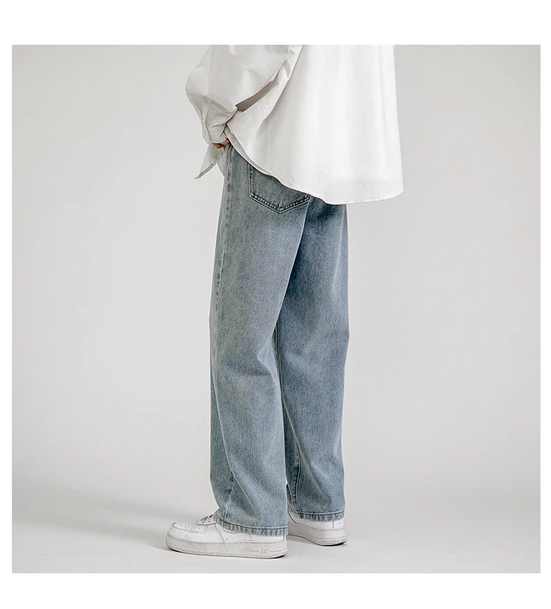 2023 New Korean Fashion Men's Baggy Jeans Classic Unisex Man Straight Denim Wide-leg Pants Hip Hop Bagy Light Blue Grey Black