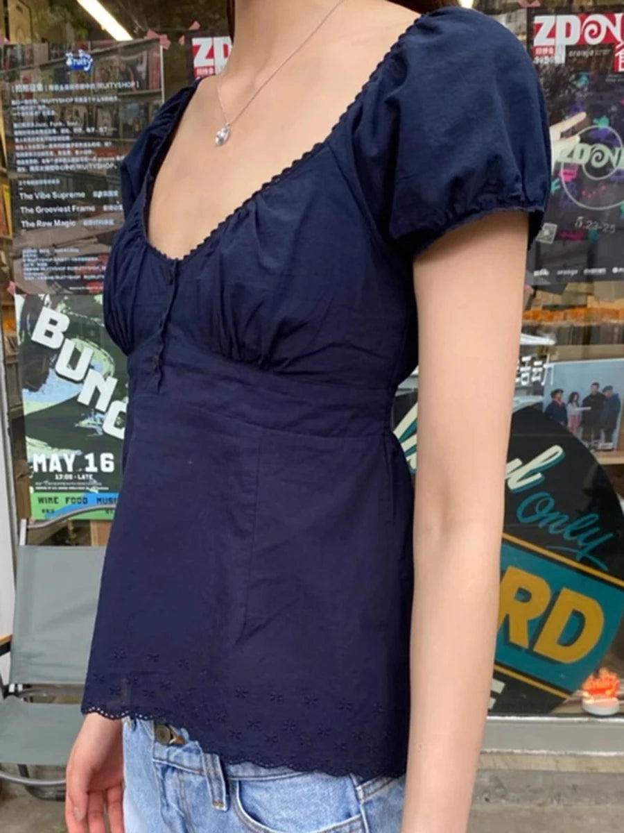 Lace Trim Embroidery Navy T-shirt Women Three Buttons Folds Square Collar Puff Sleeve T-shirt Summer Sweet Casual Vintage Blouse