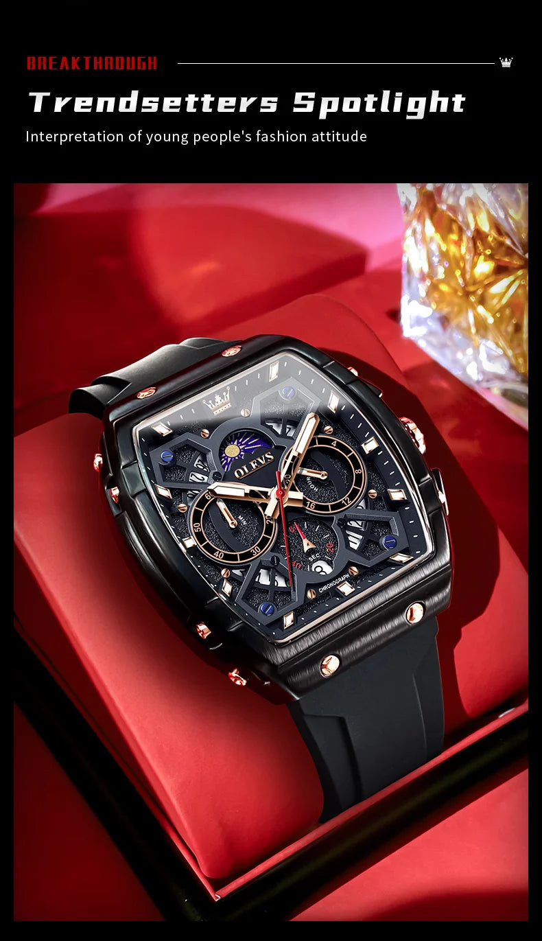 OLEVS 2942 Man Watch Silicone Strap Tonneau Design Dial Multifunction Quartz Watch for Men Moon Phase Calendar Chronograph Watch