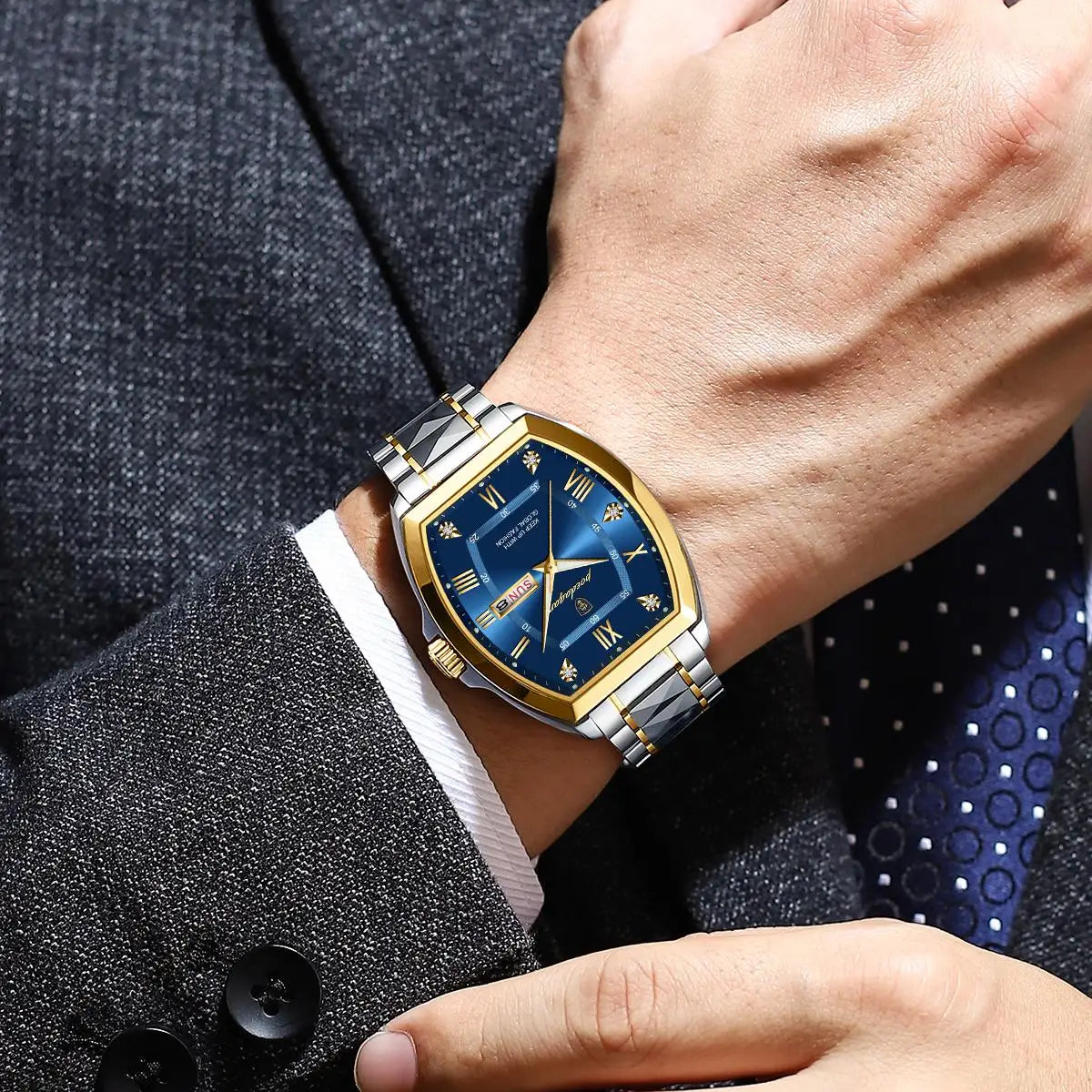 POEDAGAR Luxury Tonneau Men Watch Luminous Waterproof Date Week Man Watch Stainless Steel Fashion Original Men's Quartz Watches