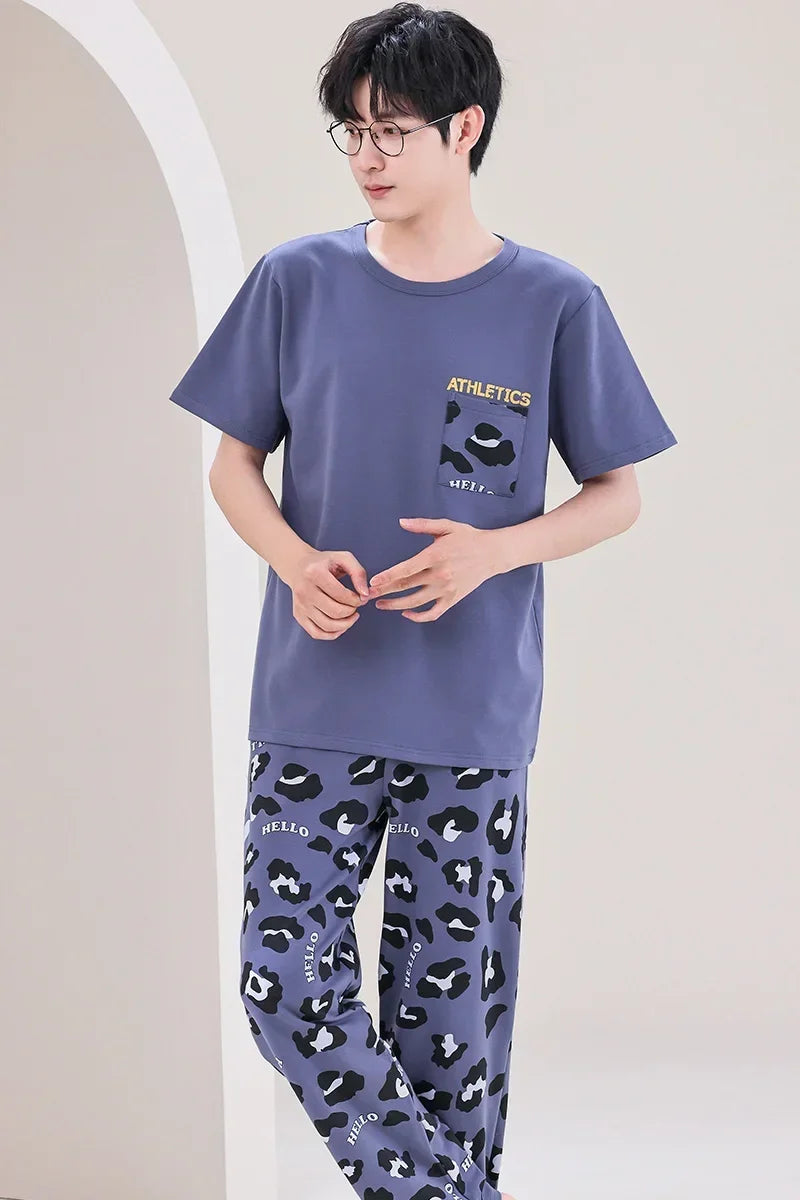 SUKAE Mens Plus Size L-5XL Homewear Summer Cotton Short Sleeve Full Pants Pajamas Set for Man Leisure Sleepwear Trendy Nightwear