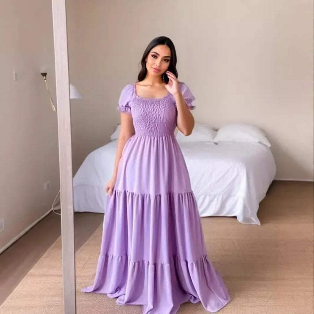 A Line Pleated Blue Princess Long Dresses Women Puff Sleeve High Waist Square Neck Maxi Dress Summer Solid Ruffles Party Dresses