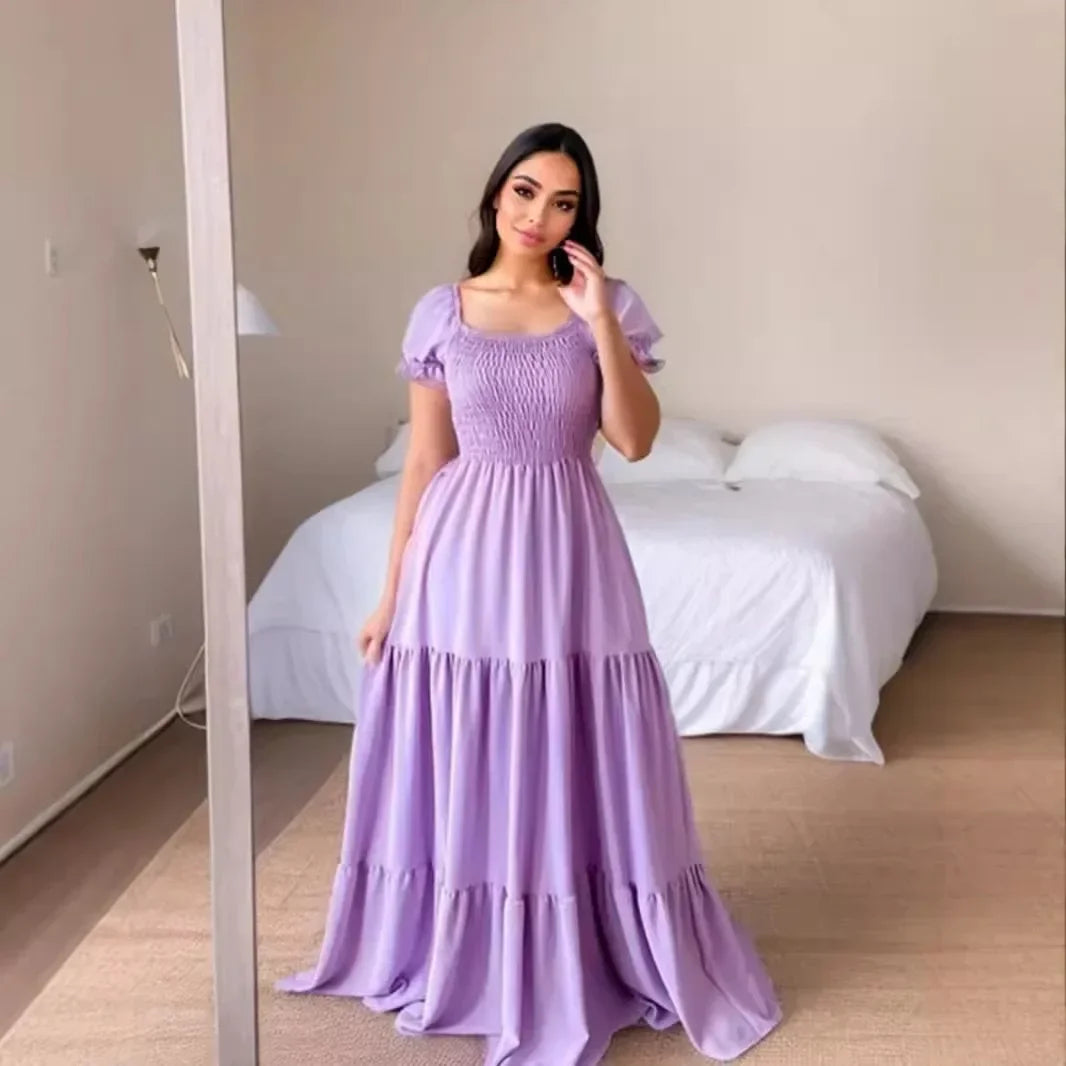 A Line Pleated Blue Princess Long Dresses Women Puff Sleeve High Waist Square Neck Maxi Dress Summer Solid Ruffles Party Dresses