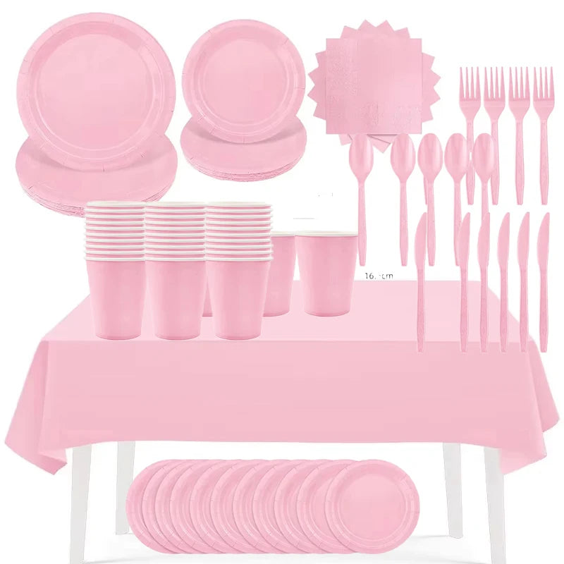 Pink Party Supplies Dinnerware Disposable Set Napkin Cup Plate Knife Fork SpoonTablecloth for Baby Shower Wedding Birthday Party