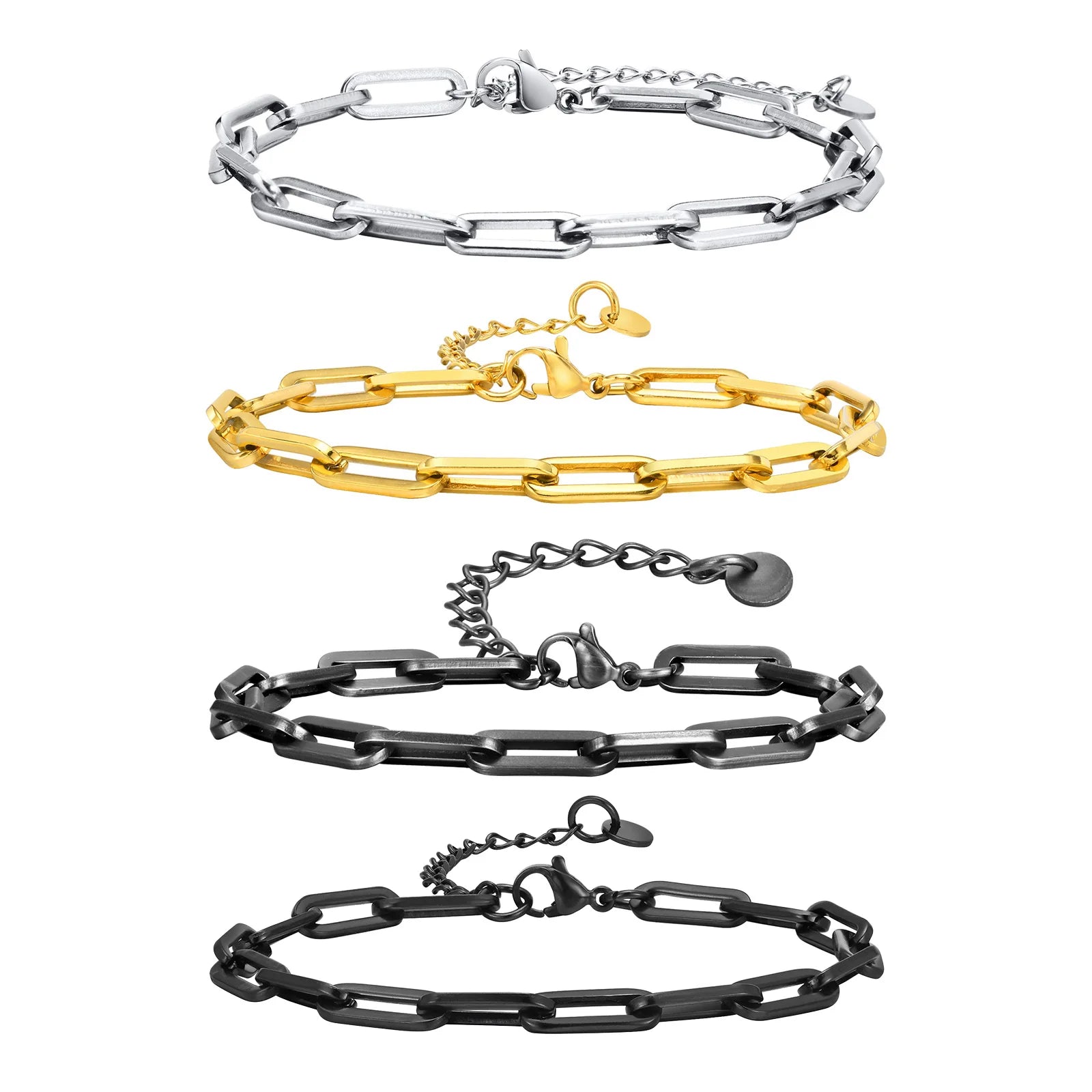 Vnox Paperclip Chain Bracelet For Men, Four Color Casual Business Rectangle Links Wristband, 5mm Wide Adjustable Chain Jewelry