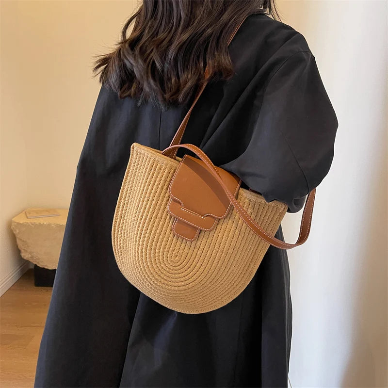 Large Capacity Beach Shopping Bag Luxury Design Woven Shoulder Bag Women Handmade Cotton Thread Woven Handbag Summer Travel Bag