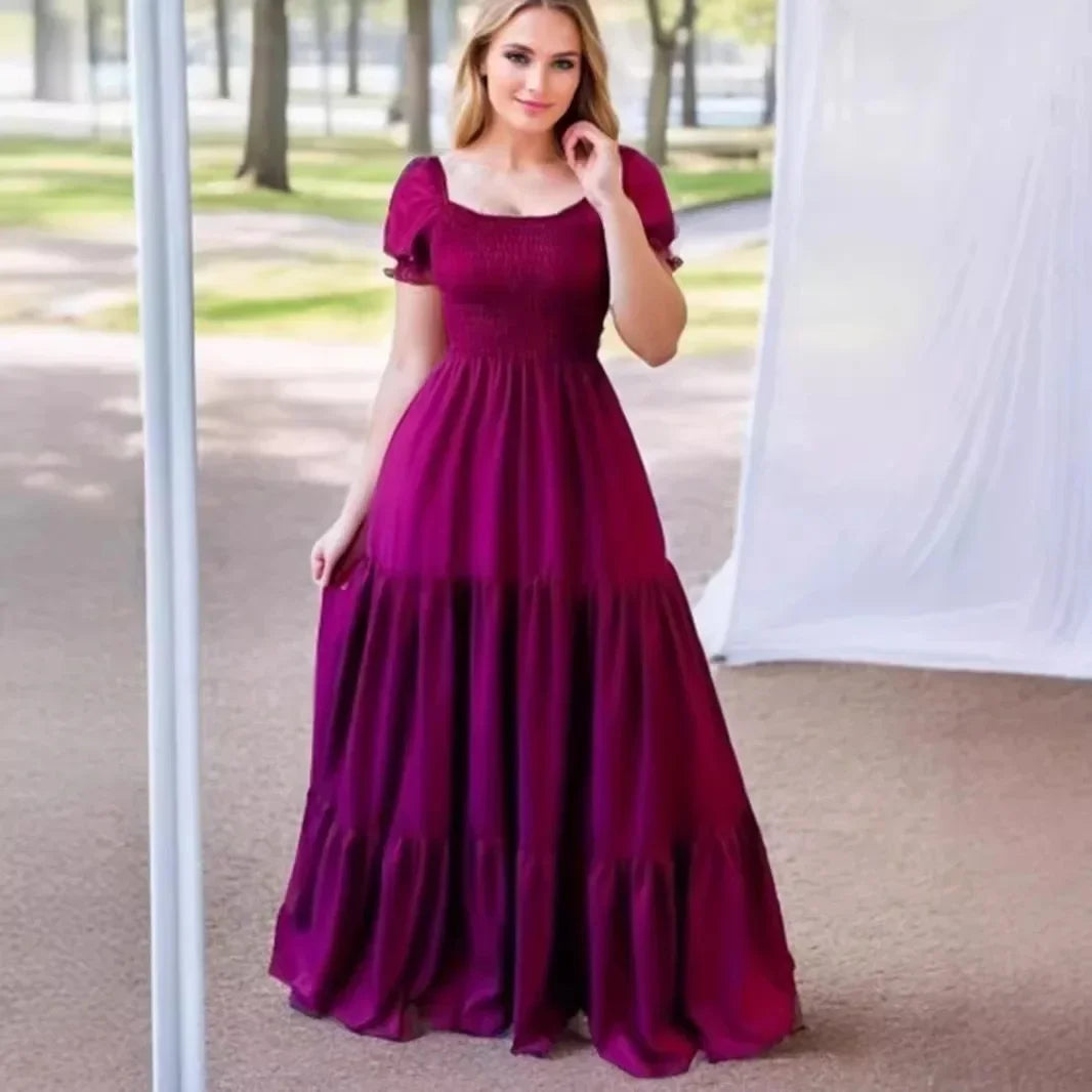 A Line Pleated Blue Princess Long Dresses Women Puff Sleeve High Waist Square Neck Maxi Dress Summer Solid Ruffles Party Dresses