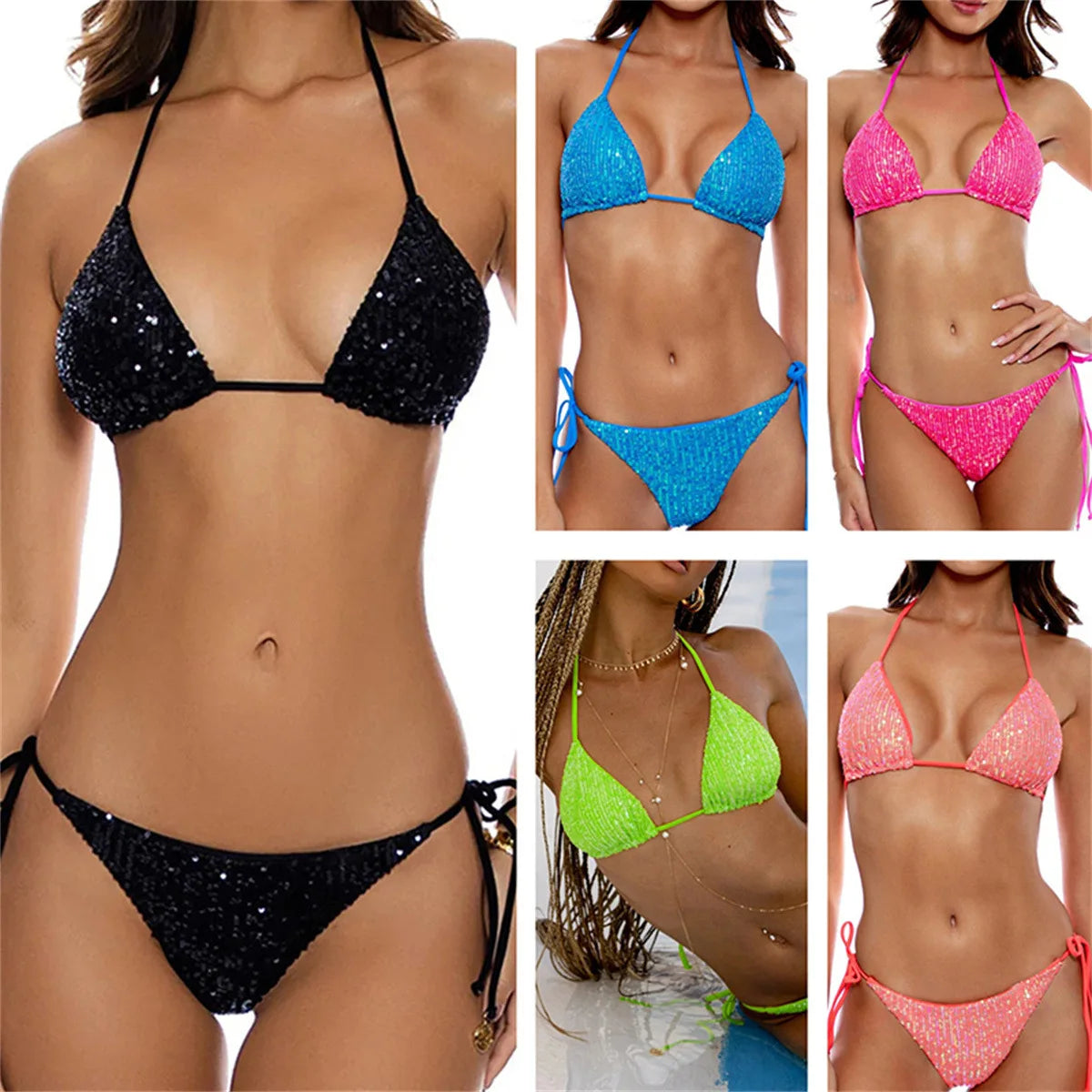 Circyy Sequins Bikini Set  Women Neck-mounted Lace Up Fashion Bathing Suit Two-piece Holiday Sexy Split Swimsuit Summer 2026 New
