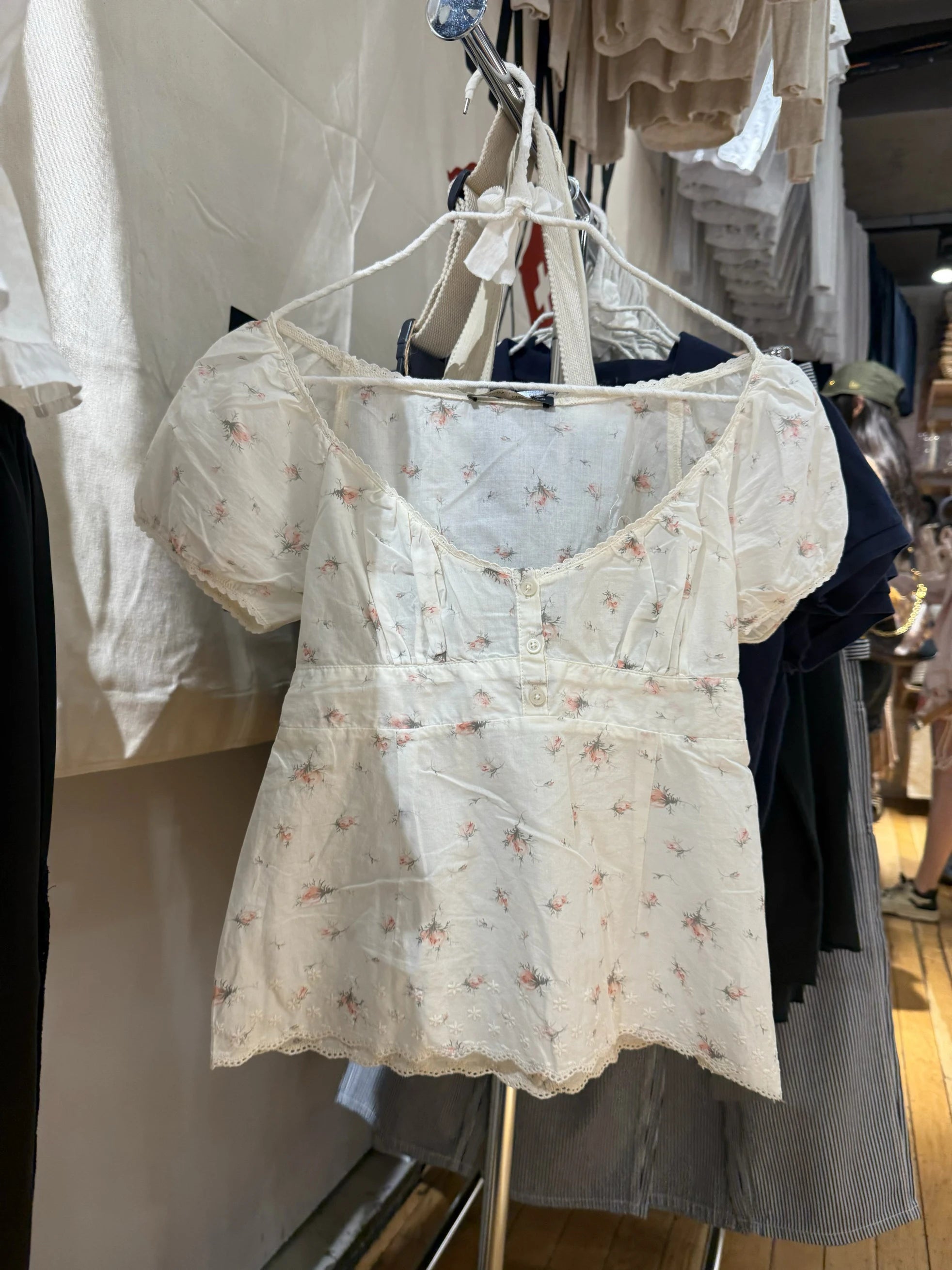 Lace Trim Embroidery Navy T-shirt Women Three Buttons Folds Square Collar Puff Sleeve T-shirt Summer Sweet Casual Vintage Blouse