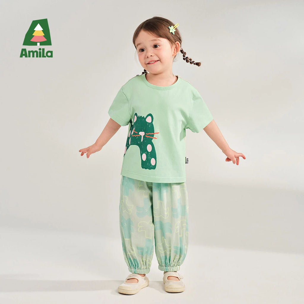 Amila Baby T-shirt 2026 Summer New Comfortable Cartoon Pattern Round Neck Casual Breathable Clothing