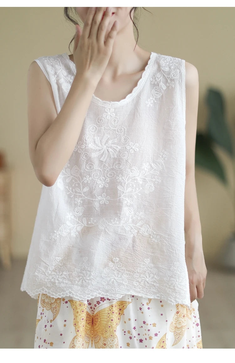 Loose Fit Embroidered Cotton Linen Svel Top Thin Sle Women's Tank Top Vest Brand New Goods Tailored for Summer