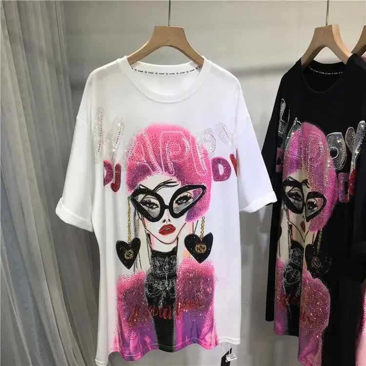 L-4XL Plus Size Casual T Shirts for Women Cartoon Lady Rhinestone Summer Short Sleeve Loose Tops Womens Clothing Женская Одежда