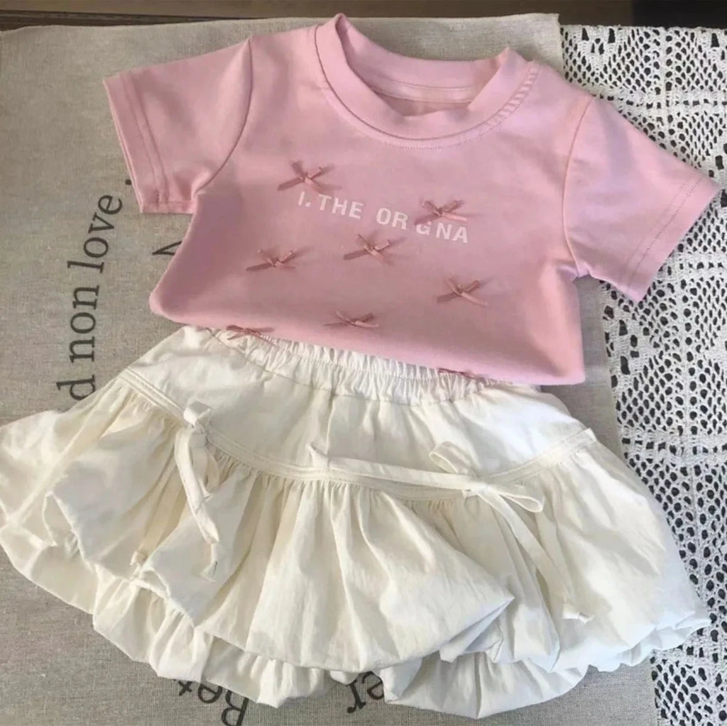 Girl's Sweet 2Pcs Set Summer Children Infants Kids Baby Ballet Princess Bow Top T-shirt+Flower Bud Skirt Suits
